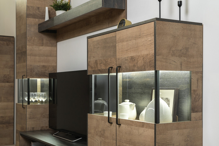 Трувор 13.306 Комод с витриной + 13.307.02 Комод с ящиками + 13.307.02 Комод с ящ., цвет дуб гранж песочный/интра, ШхГхВ 217,8х37х135,3 см., ун. сб.