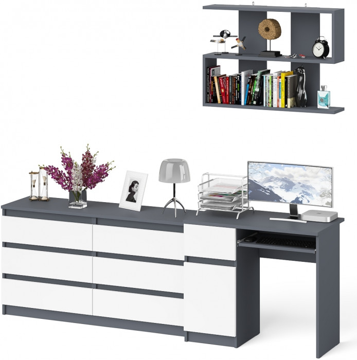 Мори Стол компьютерный МС-1 левый + Комод МК1380.6 + Полка 900, цвет графит/белый, ШхГхВ 228х50х209,6 см., НЕ универсальная сборка