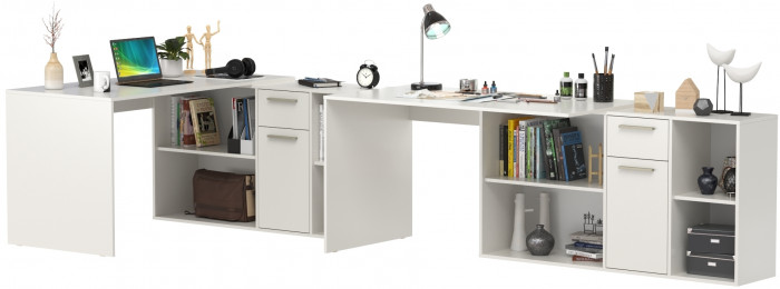 Лайт Стол письменный 03.245F + 03.245F, цвет белый шагрень, ШхГхВ 342,7х136х75,2 см.(угловой) или 407х68х75,2 см.(прямой), универсальная сборка