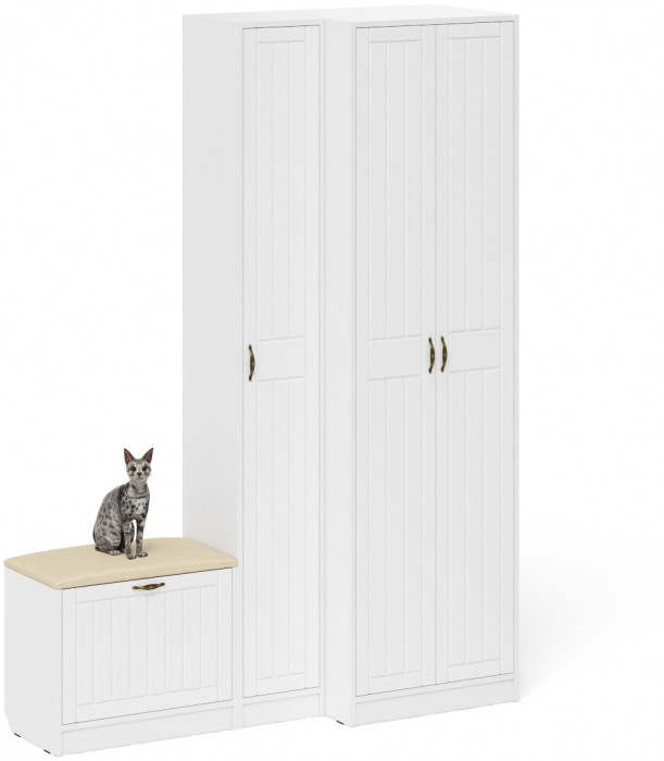 Прихожая П-6 Компоновка № 25, цвет белая шагрень/фасады МДФ белое дерево фрезеровка прованс, ШхГхВ 150х50х210 см., универсальная сборка