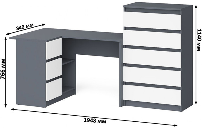 Мори Стол компьютерный МС-16 левый + Комод МК700.5, цвет графит/белый, ШхГхВ 194,8х84,9х114 см., выдвижные ящики слева, НЕ универсальная сборка