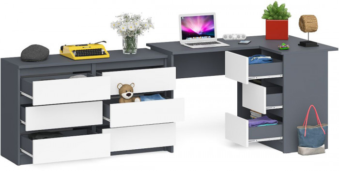 Мори Стол компьютерный МС-16 правый + Комод МК1200.6, цвет графит/белый, ШхГхВ 244,8х84,9х76,6 см., выдвижные ящики справа, НЕ универсальная сборка