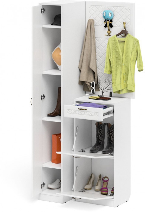 Прихожая П-6 Компоновка № 44, цвет белая шагрень/фасады МДФ белое дерево фрезеровка ромб, ШхГхВ 90х50х220 см., универсальная сборка