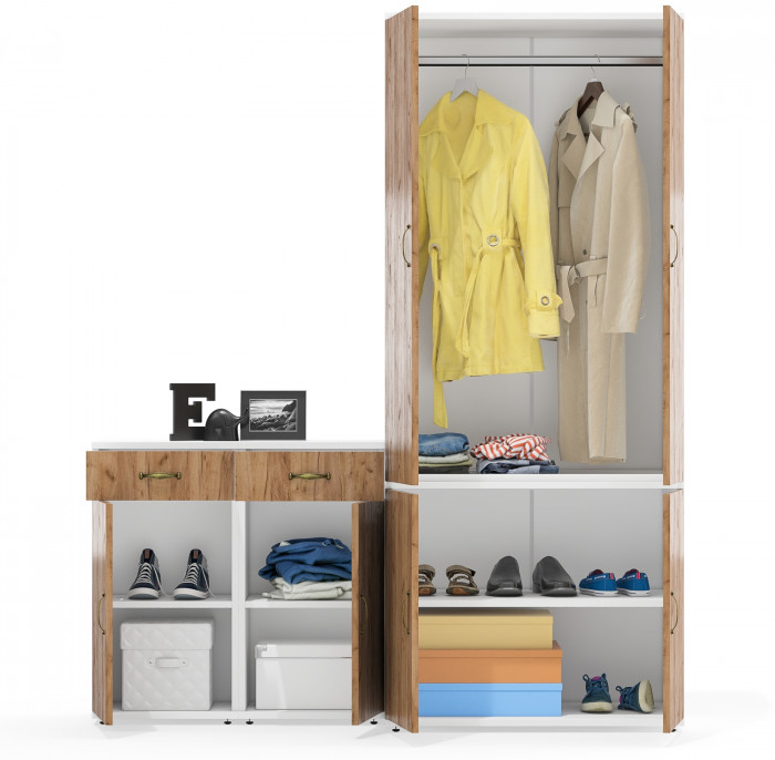 Лидер-8 Шкаф МД 19Б + Тумба МД 3.15 + Тумба МД 3.15, цвет белый шагрень/крафт золото, ШхГхВ 160х50х190 см., универсальная сборка