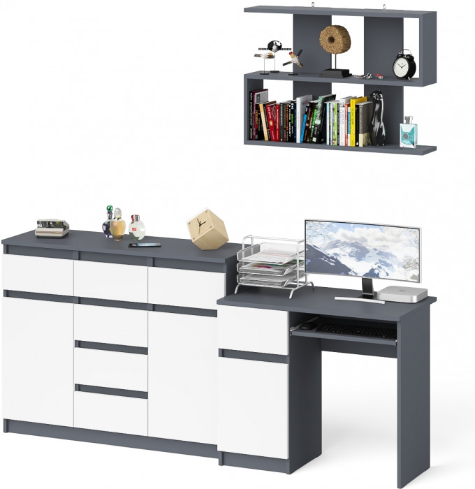 Мори Стол компьютерный МС-1 левый + Комод МК1200.4 + Полка 900, цвет графит/белый, ШхГхВ 210,4х50х209,6 см., НЕ универсальная сборка