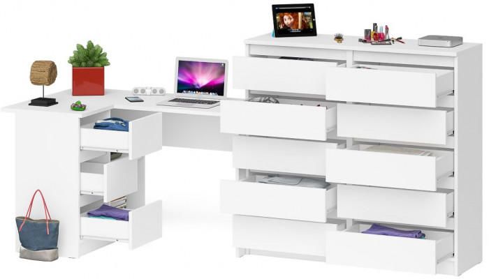 Мори Стол компьютерный МС-16 левый + Комод МК1200.10, цвет белый, ШхГхВ 244,8х84,9х115 см., выдвижные ящики слева, НЕ универсальная сборка