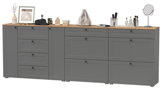 Остин 16.221 Комод + 16.121 Тумба для обуви + 16.121 Тумба для обуви, цвет серый графит/дуб крафт золотой, ШхГхВ 280х41,9х99,3 см., ун. сборка