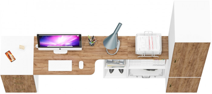 Лидер-8 Стол + Тумба МД 3.16 + Пенал МД 23Б, белый шагрень/крафт золото