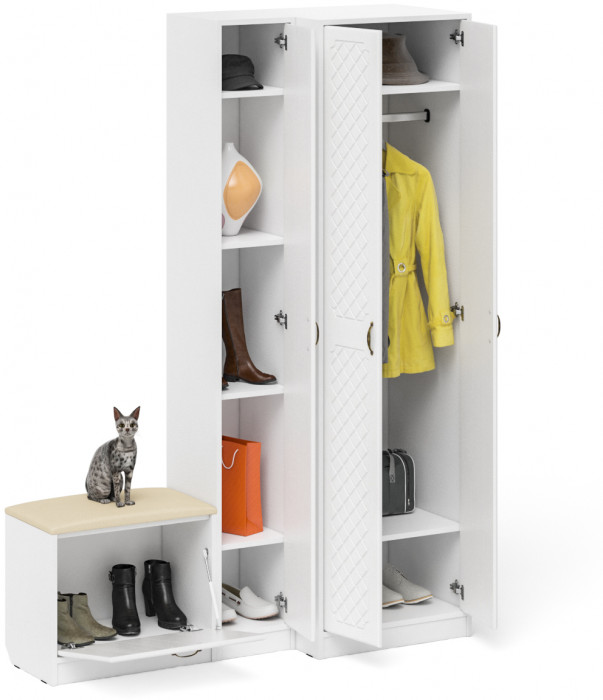 Прихожая П-6 Компоновка № 25, цвет белая шагрень/фасады МДФ белое дерево фрезеровка ромб, ШхГхВ 150х50х210 см., универсальная сборка