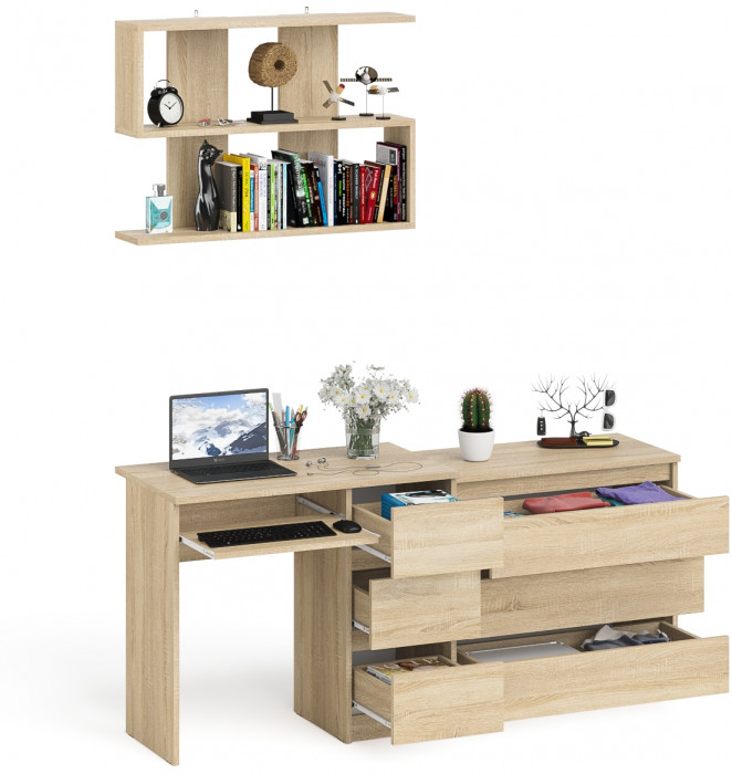 Мори Стол компьютерный МС-6 правый + Комод МК800.1 + Полка 900, цвет дуб сонома, ШхГхВ 170,4х50х209,6 см., НЕ универсальная сборка
