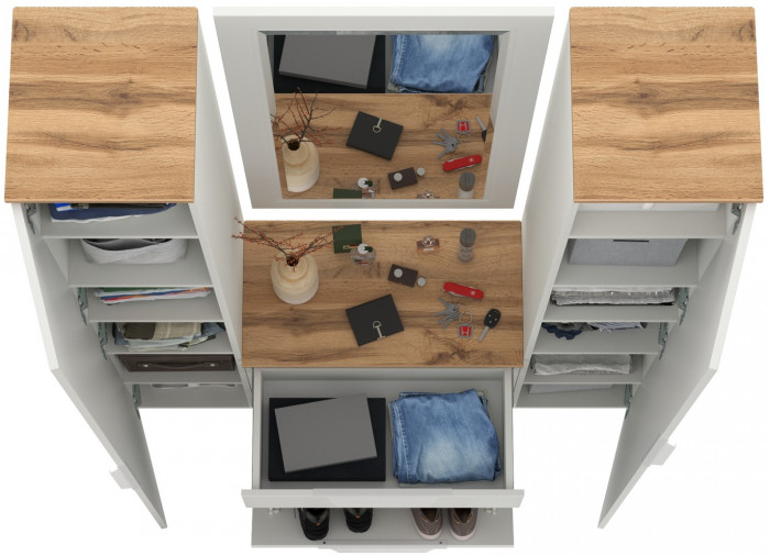 Октава Прихожая 43, цвет белый шагрень/дуб крафт золотой/фасады МДФ белый шагрень, ШхГхВ 129,3х35,4х197,6 см., универсальная сборка