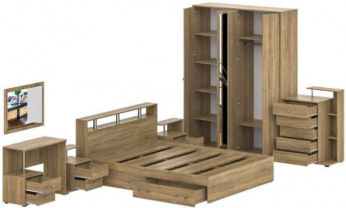 Камелия спальня № 10 Кровать с ящиками 1600 + Две тумбы + Стол косм. + Зеркало + Комод + Шкаф, дуб сонома