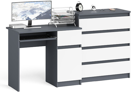Мори компьютерный стол МС-1 правый + Комод МК800.4, графит/белый