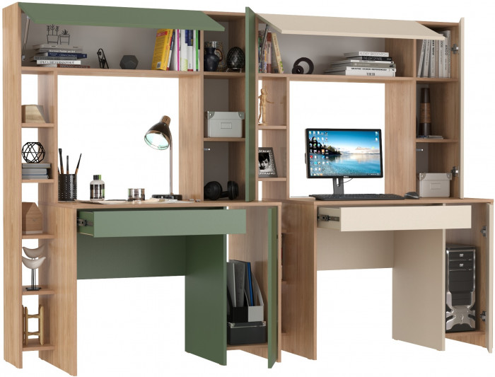 Два стола компьютерных Комфорт 12.71, цвет гикори рокфорд натуральный/дымчатый зелёный/гикори рокфорд натур./сатин, 233,4х60,2х165,4 см., НЕ ун. сб.