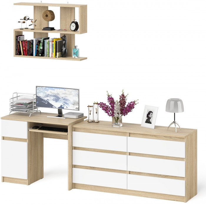 Мори Стол компьютерный МС-1 левый + Комод МК1380.6 + Полка 900, цвет дуб сонома/белый, ШхГхВ 228х50х209,6 см., НЕ универсальная сборка
