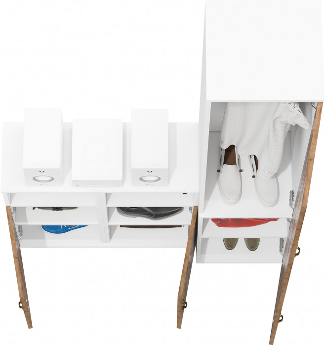 Лидер-8 Пенал МД 21Б + Тумба МД 3.19 + Тумба МД 3.19, цвет белый шагрень/крафт золото, ШхГхВ 120х37,5х190 см., универсальная сборка