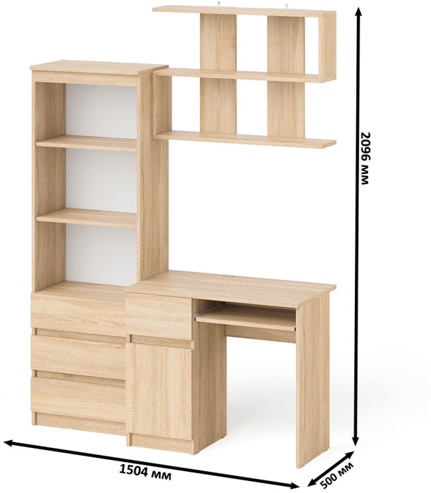 Мори компьютерный стол МС-1 левый + Стеллаж МСТ600.3 + Полка 900, дуб сонома