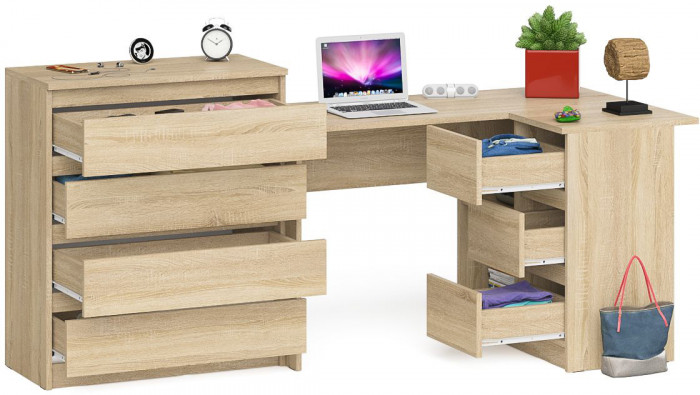 Мори компьютерный стол МС-16 правый + Комод МК800.4, дуб сонома