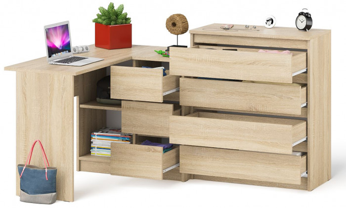 Мори компьютерный стол МС-16 правый + Комод МК800.4, дуб сонома