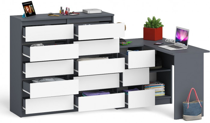 Мори Стол компьютерный МС-16 левый + Комод МК1200.10, цвет графит/белый, ШхГхВ 244,8х84,9х115 см., выдвижные ящики слева, НЕ универсальная сборка