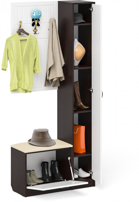 Прихожая П-6 Компоновка № 21, цвет венге/фасады МДФ белое дерево фрезеровка прованс, ШхГхВ 90х35х210 см., универсальная сборка