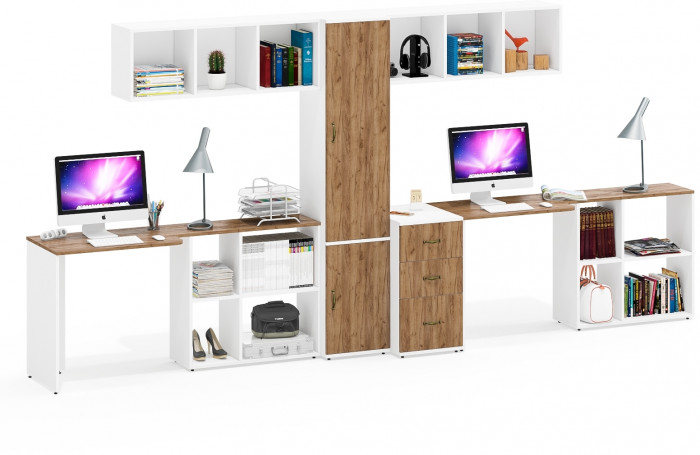 Лидер-8 Стол + Полка + Стол + Полка + Пенал МД 22Б + Тумба МД 3.16, белый шагрень/крафт золото