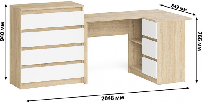 Мори компьютерный стол МС-16 правый + Комод МК800.4, дуб сонома/белый