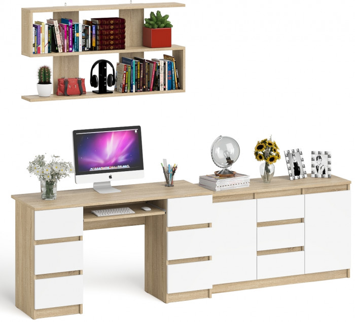 Мори компьютерный стол МС-2 + Комод МК1200.3 + Полка 1200, дуб сонома/белый
