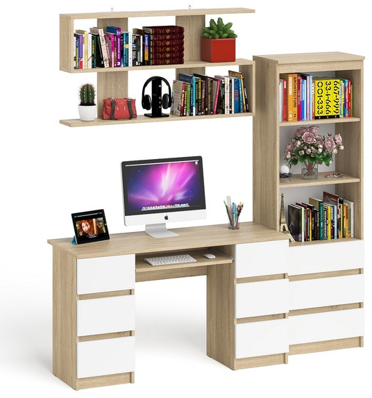 Мори компьютерный стол МС-2 + Стеллаж МСТ600.3 + Полка 1200, дуб сонома/белый