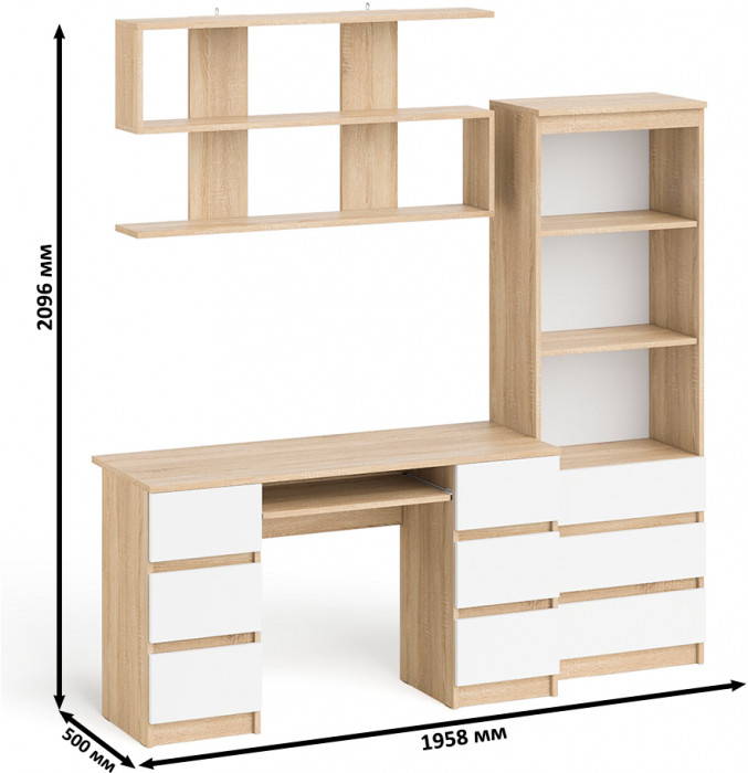 Мори компьютерный стол МС-2 + Стеллаж МСТ600.3 + Полка 1200, дуб сонома/белый
