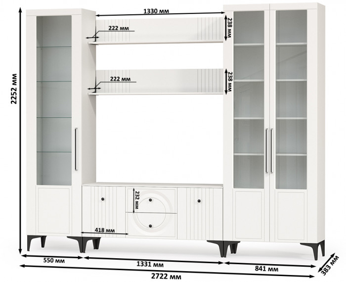 Валенсия Гостиная № 061, цвет ЛДСП белый шагрень/МДФ белый шагрень, ШхГхВ 272,2х38,3х225,2 см., ниша для ТВ 133х38х117 см., универсальная сборка