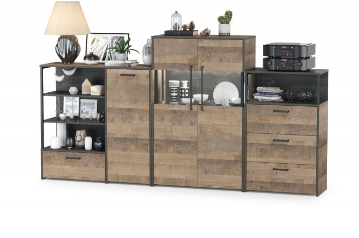 Трувор 13.307.01 Комод + 13.306 Комод с витриной + 13.307.02 Комод с ящиками, цвет дуб гранж песочный/интра, ШхГхВ 260,8х37х135,3 см., ун. сборка