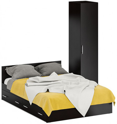 Кровать с ящиками 1400 + Пенал Стандарт, цвет венге, ШхГхВ 143,5х203,5х70 + 45х52х200 см., сп.м. 1400х2000 мм., без матраса, основание есть