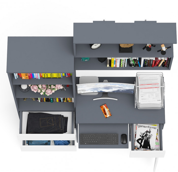 Мори компьютерный стол МС-1 правый + Стеллаж МСТ600.3 + Полка 900, графит/белый