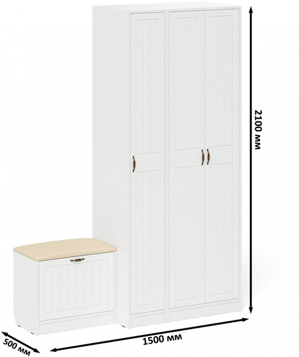 Прихожая П-6 Компоновка № 45, белая шагрень/фасады МДФ белое дерево фрезеровка прованс