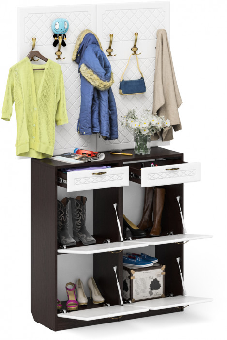 Прихожая П-6 Компоновка № 04, цвет венге/фасады МДФ белое дерево фрезеровка ромб, ШхГхВ 120х35х200 см.