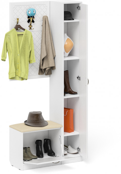 Прихожая П-6 Компоновка № 21, цвет белая шагрень/фасады МДФ белое дерево фрезеровка ромб, ШхГхВ 90х35х210 см., универсальная сборка