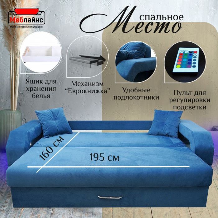 Диван-кровать Манчестер, еврокнижка, велюр, 160х195, синий