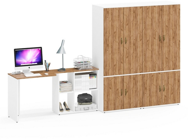 Лидер-8 Стол + Шкаф МД 19Б + Шкаф МД 19Б, белый шагрень/крафт золото