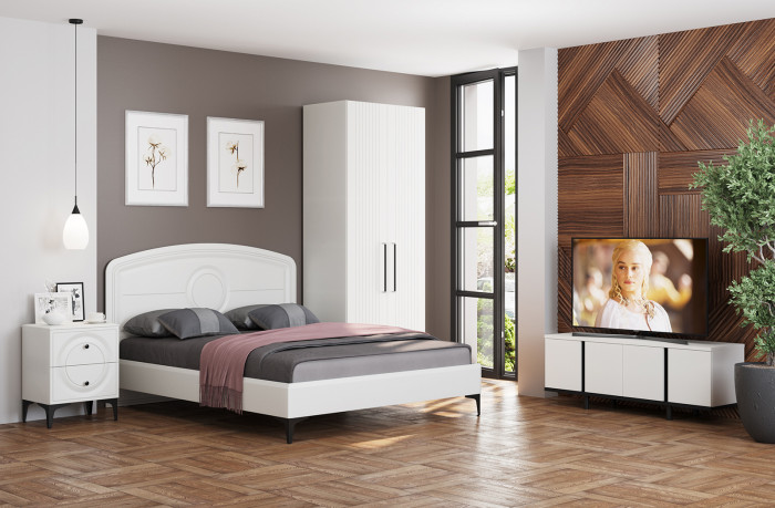 Валенсия Спальня № 35, цвет ЛДСП белый шагрень/чёрный/МДФ белый шагрень, ортопед есть, сп. м. 1600х2000 мм., б/м