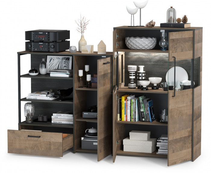 Трувор 13.307.01 Комод + 13.306 Комод с витриной, цвет дуб гранж песочный/интра, ШхГхВ 194,8х37х135,3 см., универсальная сборка