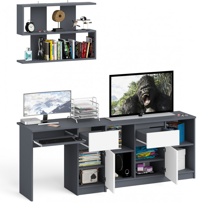 Мори Стол компьютерный МС-1 правый + Тумба МТВ1204.1 + Полка 900, цвет графит/белый, ШхГхВ 210,4х50х209,6 см., НЕ универсальная сборка