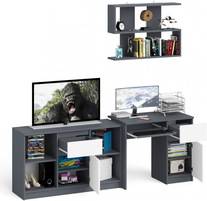 Мори Стол компьютерный МС-1 правый + Тумба МТВ1204.1 + Полка 900, цвет графит/белый, ШхГхВ 210,4х50х209,6 см., НЕ универсальная сборка
