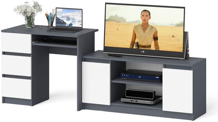 Мори Стол компьютерный МС-6 левый + Тумба МТВ1200.1, цвет графит/белый, ШхГхВ 210,4х50х76,6 см., выдвижные ящики слева, НЕ универсальная сборка