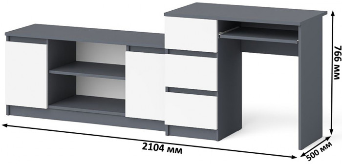 Мори Стол компьютерный МС-6 левый + Тумба МТВ1200.1, цвет графит/белый, ШхГхВ 210,4х50х76,6 см., выдвижные ящики слева, НЕ универсальная сборка