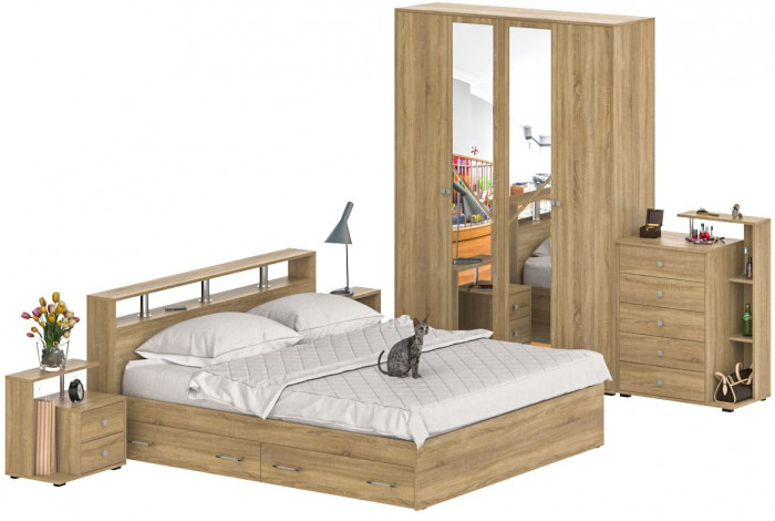 Камелия спальня № 11 Кровать с ящиками 1800 + Две тумбы + Комод + Шкаф 4-х створчатый, дуб сонома