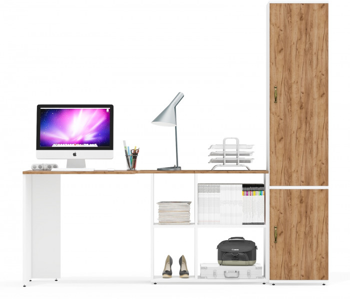 Лидер-8 Стол + Пенал МД 22Б, цвет белый шагрень/крафт золото, ШхГхВ 205х50/37,5х75/190 или 115х50/120х75/190 см., НЕ универсальная сборка