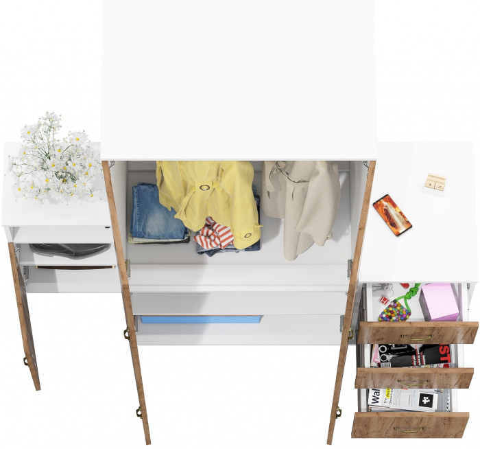 Лидер-8 Шкаф МД 19Б + Тумба МД 3.16 + Тумба МД 3.19, цвет белый шагрень/крафт золото, ШхГхВ 160х50х190 см., универсальная сборка