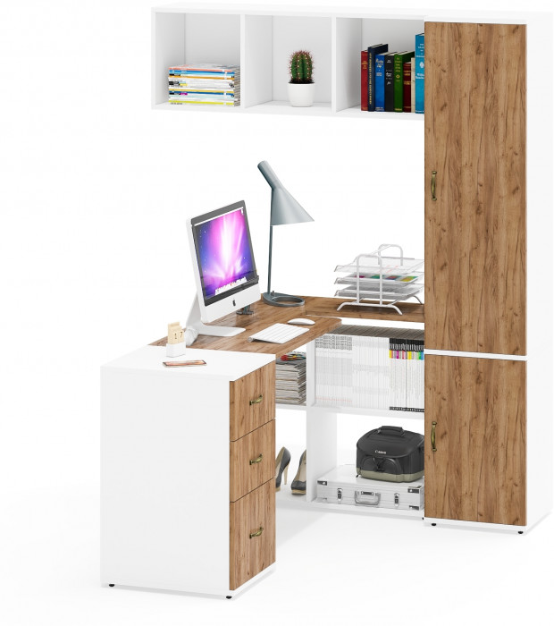 Лидер-8 Стол + Полка + Тумба МД 3.16 + Пенал МД 22Б, цвет белый шагрень/крафт золото, ШхГхВ 245х50/37,5х75/190 или 155х120/50х75/190 см., НЕ ун. сб.