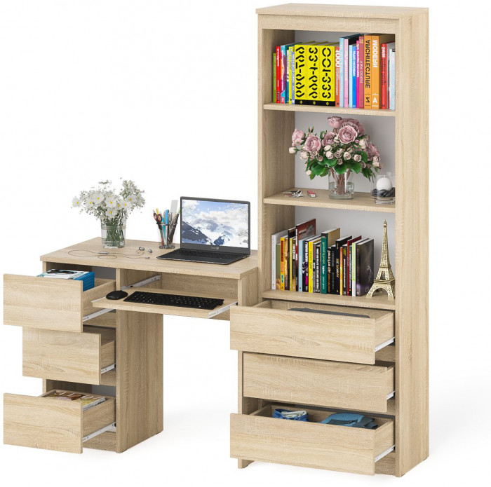 Мори Стол компьютерный МС-6 левый + Стеллаж МСТ600.3, цвет дуб сонома, ШхГхВ 150,4х50х179,6 см., выдвижные ящики слева, НЕ универсальная сборка